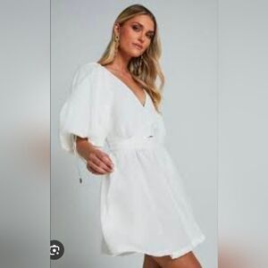 Amalie The Label White Cotton Linen Puff Sleeve Mini Dress Us 6
